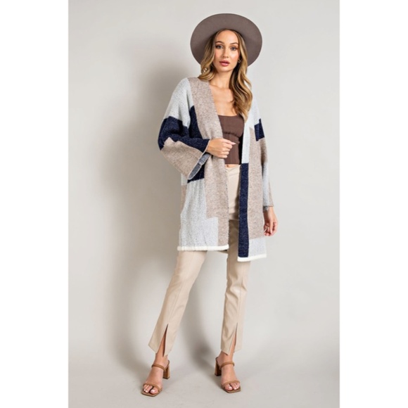 SOLD OUT Navy Colorblock Soft Knit Fall Winter Casual Women's Duster Cardigan - Picture 8 of 8